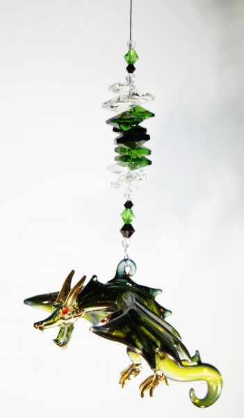 blown glass dragon suncatcher green black