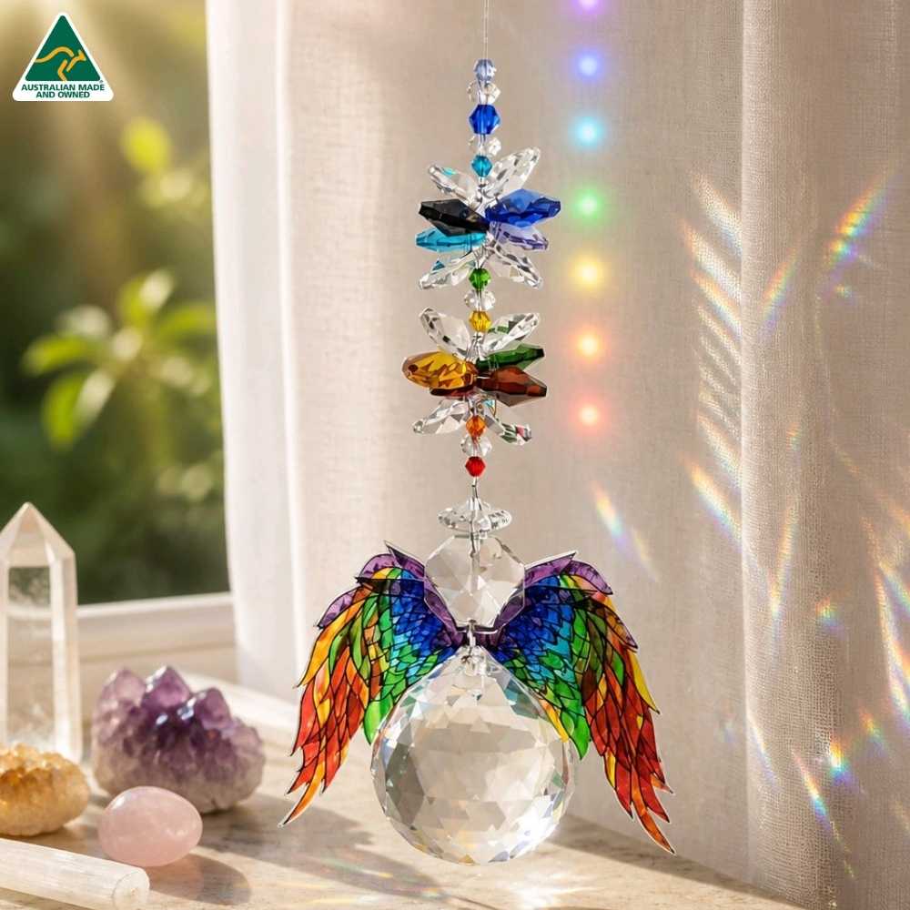 Chakra angel crystal suncatcher with rainbow wings and 40mm crystal ball handmade in Australia