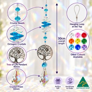 Tree of Life Suncatcher with stainless steel butterfly pendant, 50mm AB crystal prism, crystal beads and colour options