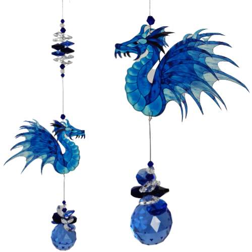 Dragon suncatcher with blue crystal ball. Available in pink, purple, green, red and blue.