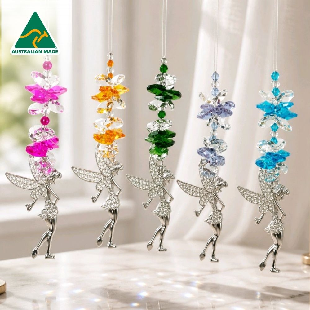 Silver fairy suncatchers with colourful octagon crystals