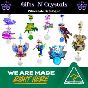 Handmade Australian crystal suncatchers hanging in sunlight with rainbow reflections
