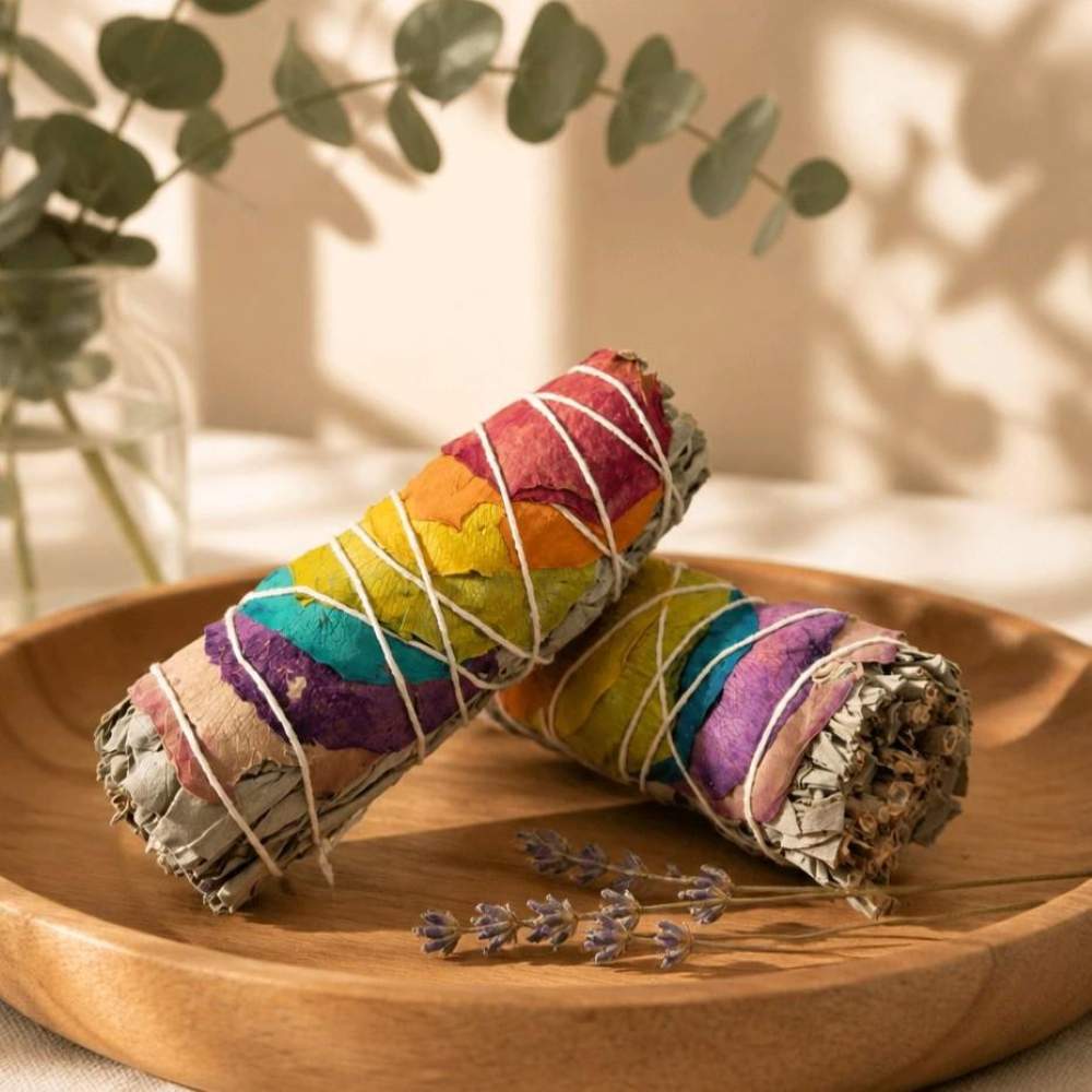 White Sage Smudge Stick with chakra-coloured rose petals 10cm