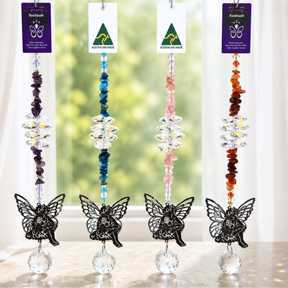 Gemstone fairy suncatchers with 3D fairy pendants and crystal balls