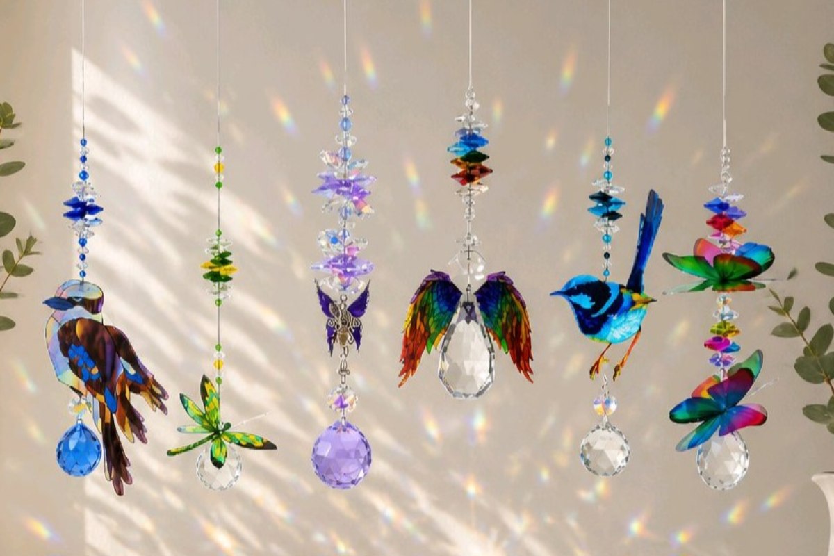 Colourful handmade crystal suncatchers with rainbow reflections