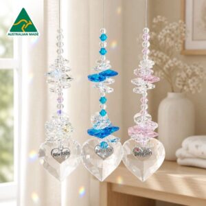 New baby heart crystal suncatcher in pink blue and clear