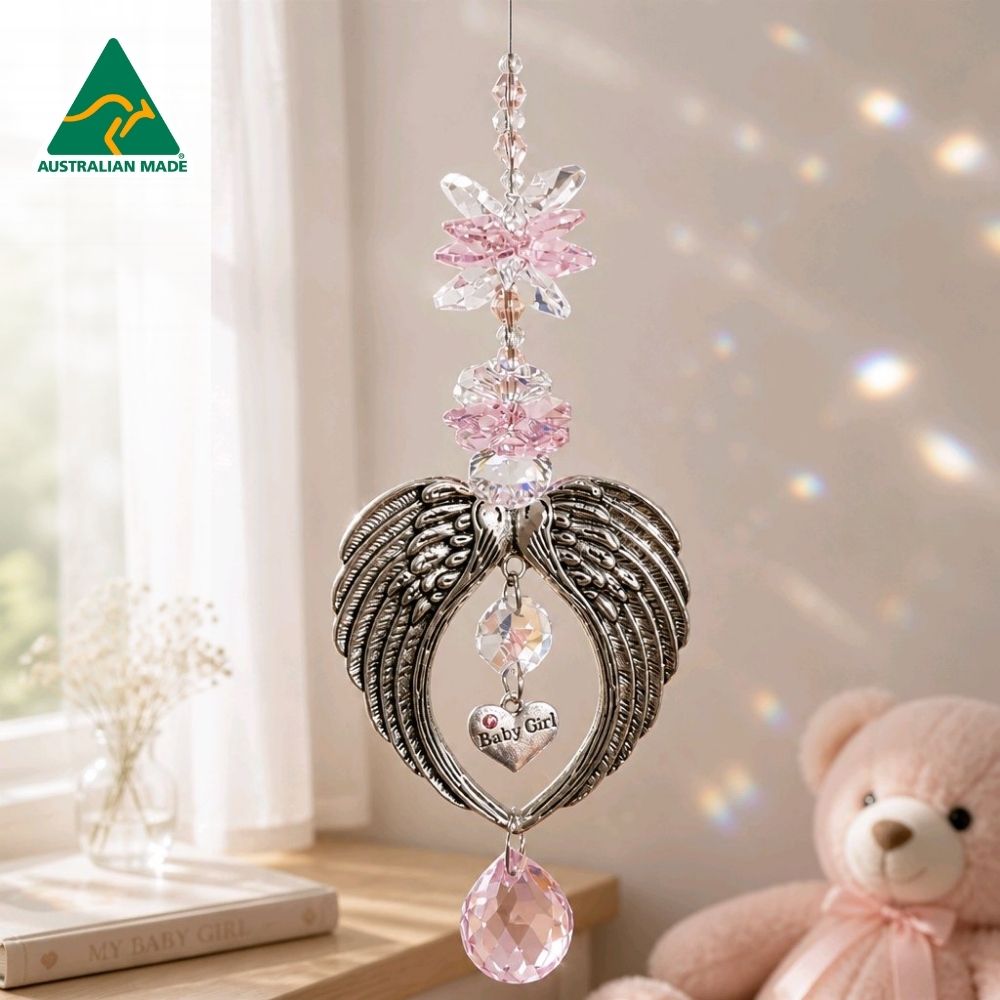 Baby angel wings crystal suncatcher with Baby Girl charm
