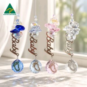 Baby foot crystal ball suncatcher in pink blue lilac and clear