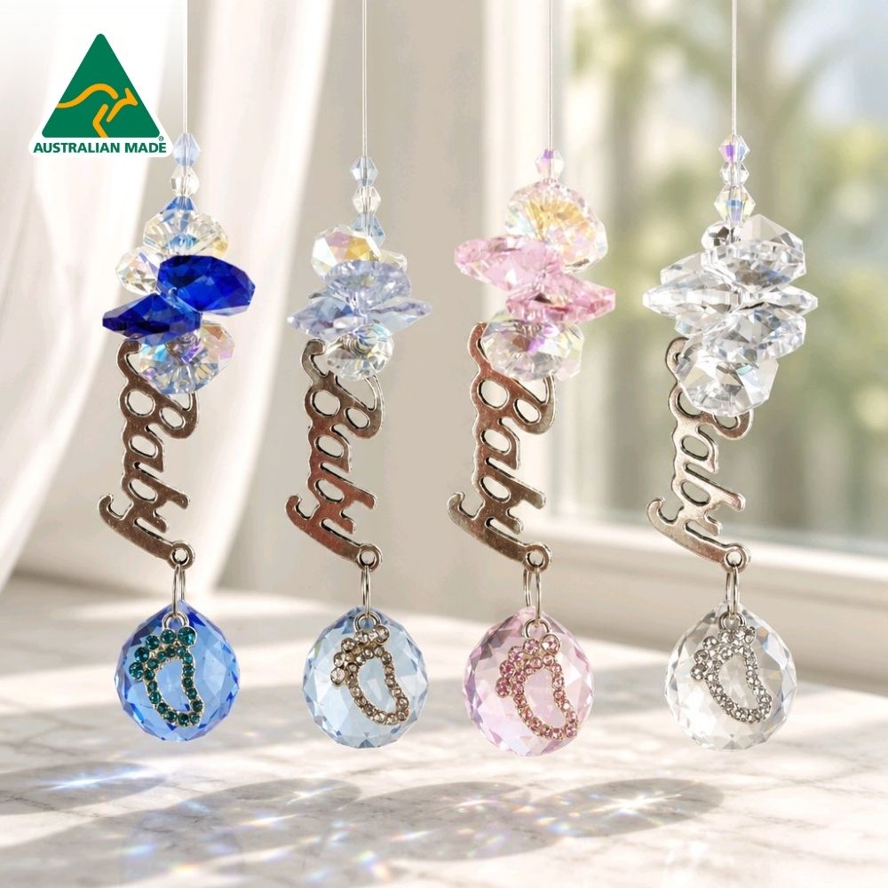 Baby foot crystal ball suncatcher in pink blue lilac and clear