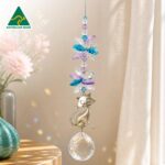 Large cat crystal suncatcher with silver cat charm, blue lilac and clear octagon crystal clusters and 30mm faceted crystal ball