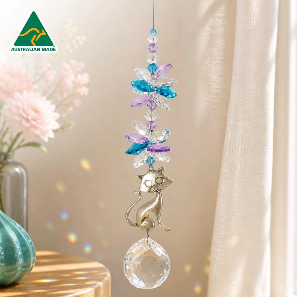 Large cat crystal suncatcher with silver cat charm, blue lilac and clear octagon crystal clusters and 30mm faceted crystal ball