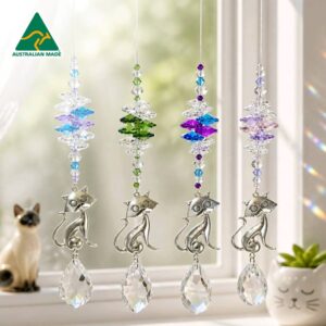 Small cat crystal suncatchers with silver cat charms, pastel octagon crystals and assorted clear crystal prisms