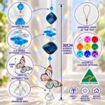 Small Australian Made butterfly crystal suncatcher with blue shell beads, six faceted octagon crystals, a 50mm filigree butterfly pendant and a 20mm clear crystal prism. Product specifications and colour options shown.